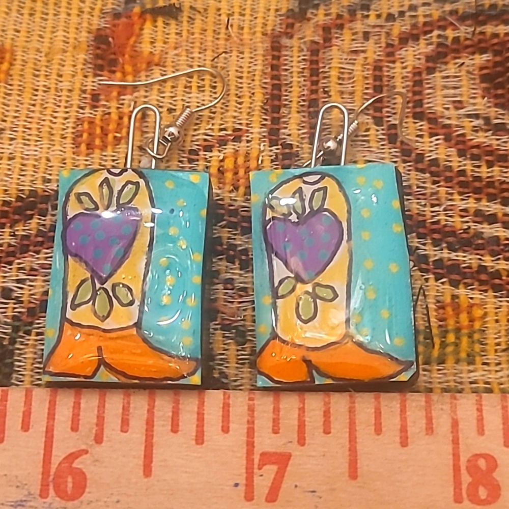 Tiny Original Art Earrings Cowgirl Boots Hand Painted Rodeo 3 For $15
